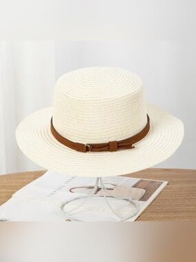 Women’s Cream Straw Boater Hat with Brown Band